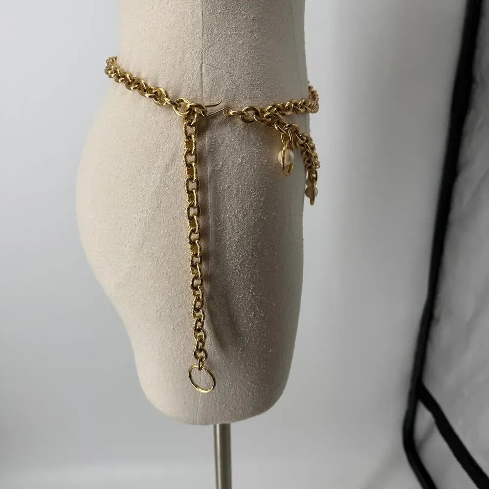 Vintage Style Draped Faux Pearl Gold Toned Chain Belt Chunky Statement